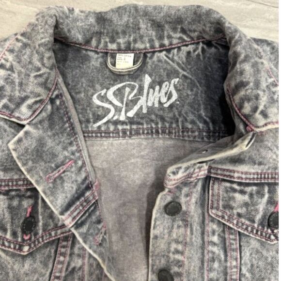 80s Vintage S.B. Blues Cropped Acid Wash Denim Jacket – Pink Stitching Size SM - Picture 4 of 5